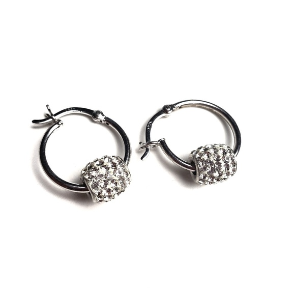 Sterling Silver White CZ Bead Hoop Earrings - Picture 1 of 8